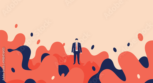 Lone businessman stands amidst abstract organic shapes, symbolizing isolation, challenges, or a unique perspective in business.