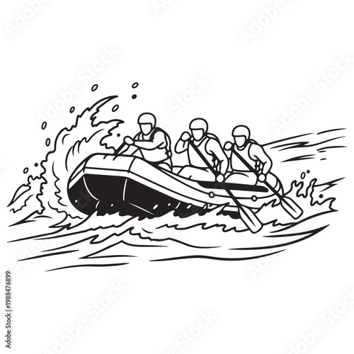 Whitewater rafting team paddling through river rapids vector illustration for adventure sports and outdoor recreation