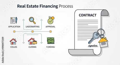 Real Estate Financing Process Flowchart with Contract and Keys.