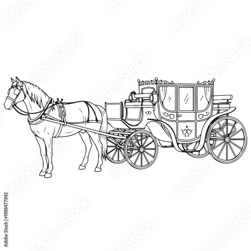 Horse drawn carriage vector illustration in black and white line art style for coloring book or vintage design