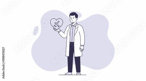 Cardiologist doctor holding heart icon with pulse line and checkmark v