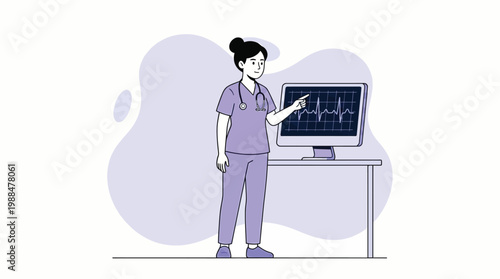 Professional female cardiologist in purple scrubs pointing at ECG moni