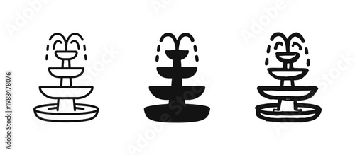 Tiered water fountain icon set in outline, solid, and hand-drawn sketch styles