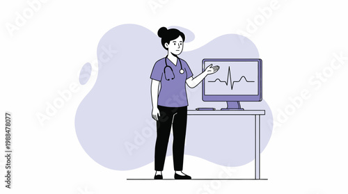 Female Cardiologist Doctor Showing ECG Heart Rhythm Results on Compute