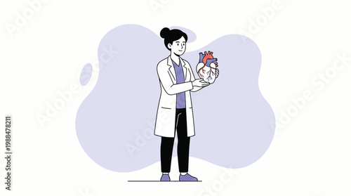 Female Cardiologist Doctor Holding Human Heart Anatomy Model Vector Il