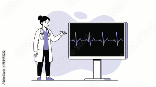 Female Cardiologist Character Analyzing Heartbeat Rhythm on Large Digi