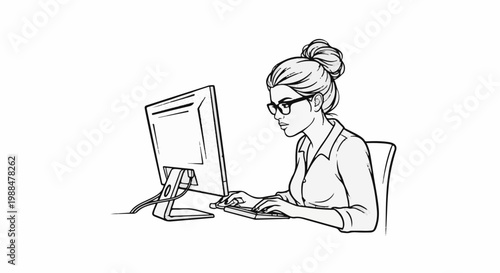 Woman with glasses typing on keyboard at computer desk