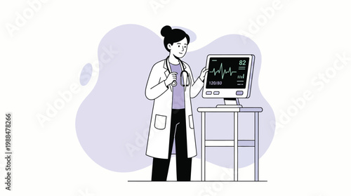 Female Cardiologist Monitoring Heartbeat on Medical ECG Screen Display