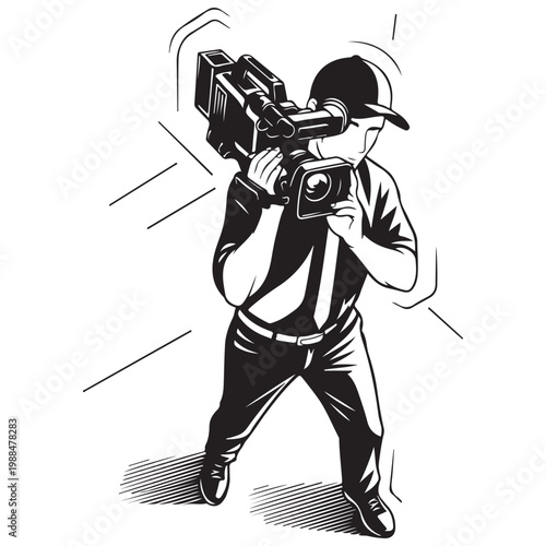 Professional cameraman filming with shoulder mounted video camera vector illustration for media and news broadcasting