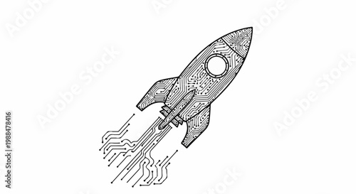 Stylized rocket ship on a white background, designed with circuit board patterns