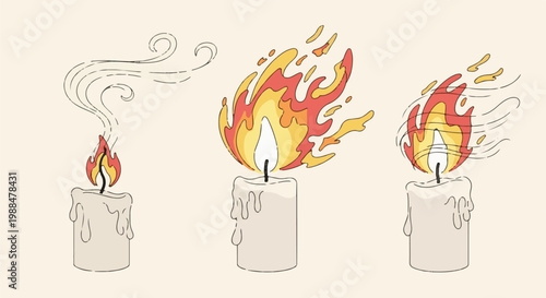 Three candles with varying flame and smoke intensity and movement