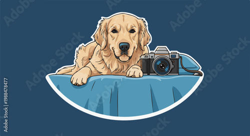A friendly golden retriever poses with a vintage camera on a blue cloth