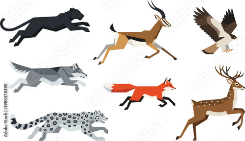 Set of Wild Animal Icons Featuring Running Black Panther Gazelle Wolf Red Fox Snow Leopard Deer and Flying Falcon for Nature Biology Wildlife Education Graphic Designs