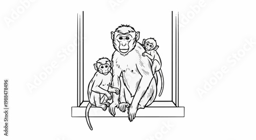 A line drawing shows a family of three monkeys, two small, one large, sitting together