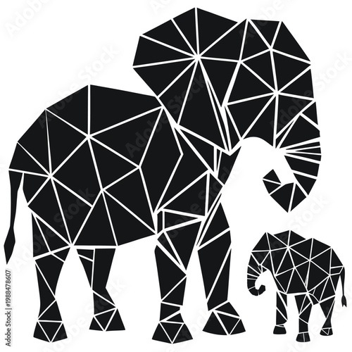 Geometric Low Poly Elephant and Calf Silhouette