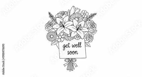Delicate line art bouquet with a "get well soon" message and ribbon