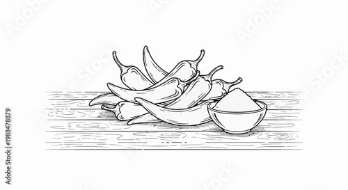 Pile of stylized chili peppers and a bowl of powder on wooden planks