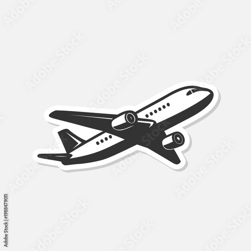 Plane taking off silhouette logo sticker isolated on gray background