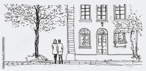 Sketch of Romantic Couple Walking in a European City Park