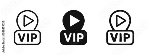 VIP play button and location pin icon set for exclusive media and premium content