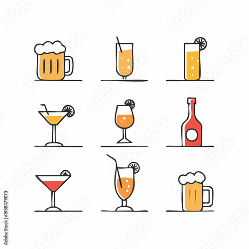 Alcoholic cocktails icons set. Simple outline cocktails icons isolated on white background. Set includes beer, mojito, whiskey. Icons set for restaurant, pub, bar.