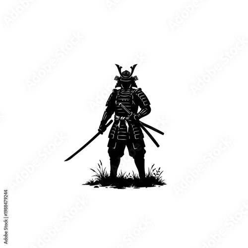 Samurai warrior in armor standing with swords