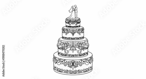 Ornate multi-tiered wedding cake with a silhouetted couple atop