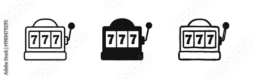 Slot machine with lucky seven jackpot icon set in outline, solid, and hand-drawn styles