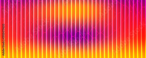 Sebuah desain abstrak yang mempesona menampilkan pola gelombang suara dalam nuansa merah muda, oranye, dan kuning, berlatar belakang hitam ramping, menciptakan efek visual dinamis