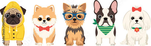 Small Dog Breed Vector Set Featuring Cute Pug In Raincoat Pomeranian Yorkshire Terrier French Bulldog And Maltese For Pet Care Veterinary Services And Animal Lover Graphic Designs