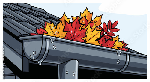 Fallen autumn leaves clog a roof gutter, with water dripping down