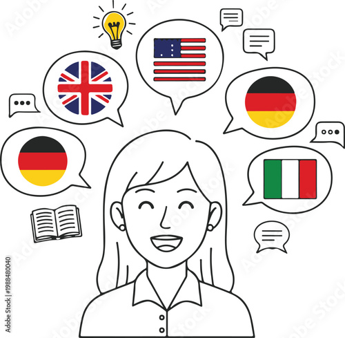 Woman Character Learning Multiple Languages with Flag Speech Bubbles Vector Illustration