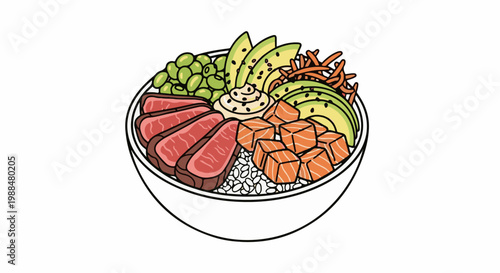 Colorful bowl of sliced meat, fish, avocado, peas, and carrots over rice