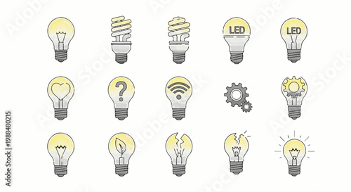 Collection of diverse light bulbs with various symbols inside
