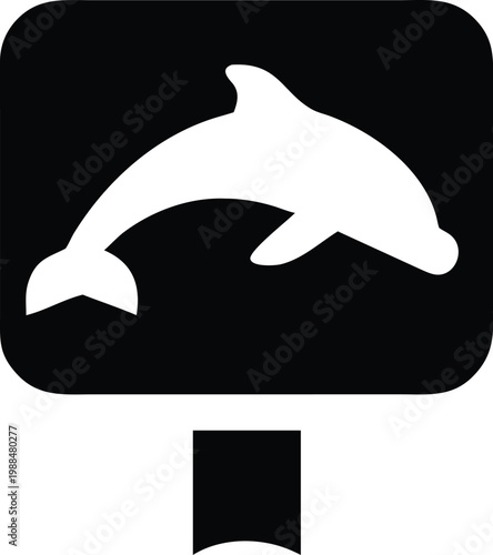 Dolphin crossing sign icon with black rounded rectangle background, Marine life information signage pictogram for beach and coastal wayfinding
