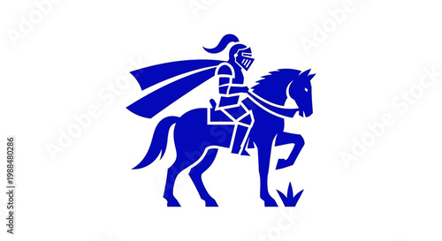 Blue knight riding horse minimalist logo on white background