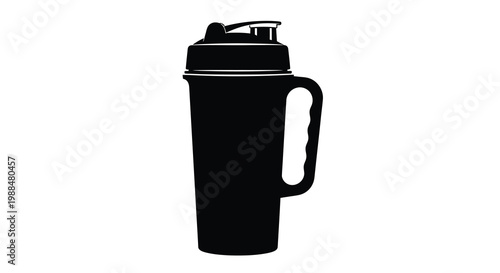 A black silhouette of a protein shaker bottle with a handle and screw on lid