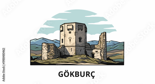 Ancient stone fortress ruins stand against a backdrop of rolling hills and sky