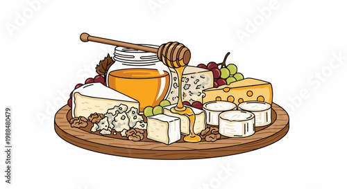 Assorted cheese platter with honey drizzling from a dipper