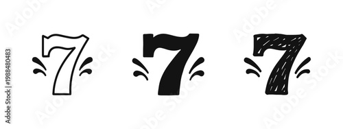 Lucky Number Seven Slot Machine Icon Set in Outline, Bold, and Scrawled Styles