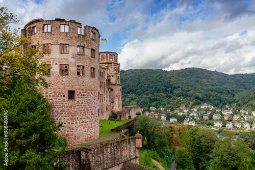 Castle Tower over Heidelberg Houses Germany. The ruins of an old tower at Heidelberg castle Baden Wurttemberg, Germany.
