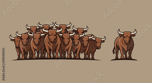 A herd of brown bulls stands united, facing forward with strong stances