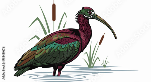 A colorful bird with a long, curved beak stands in shallow water