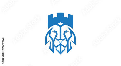 Blue lion head with castle crown geometric logo icon