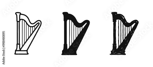 Classical Harp Musical Instrument Icon Set in Three Artistic Styles