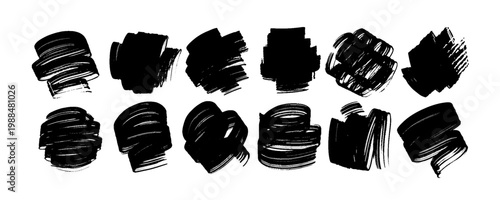 Grunge strokes textures set. Ink roller square backgrounds. Painted artistic textured stains. Vector hand drawn abstract shapes.