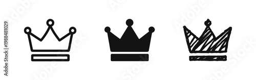 Royal Crown Icon Set in Outline, Solid, and Hand-Drawn Sketch Styles