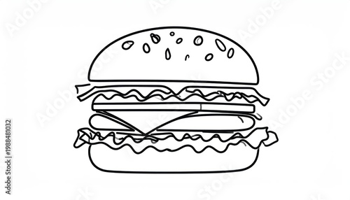 Simple Line Drawing of a Delicious Cheeseburger with Lettuce and Cheese.