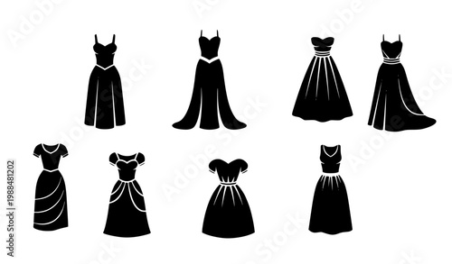 Elegant Women Dress Silhouette Collection Featuring Evening Gowns and Fashion Outfit Variations for Boutique Design, Formal Wear Illustration and Stylish Apparel Concepts