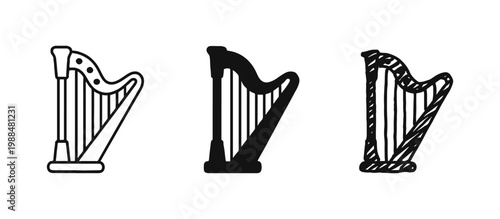 Musical harp icon set in outline, solid, and hand-drawn styles